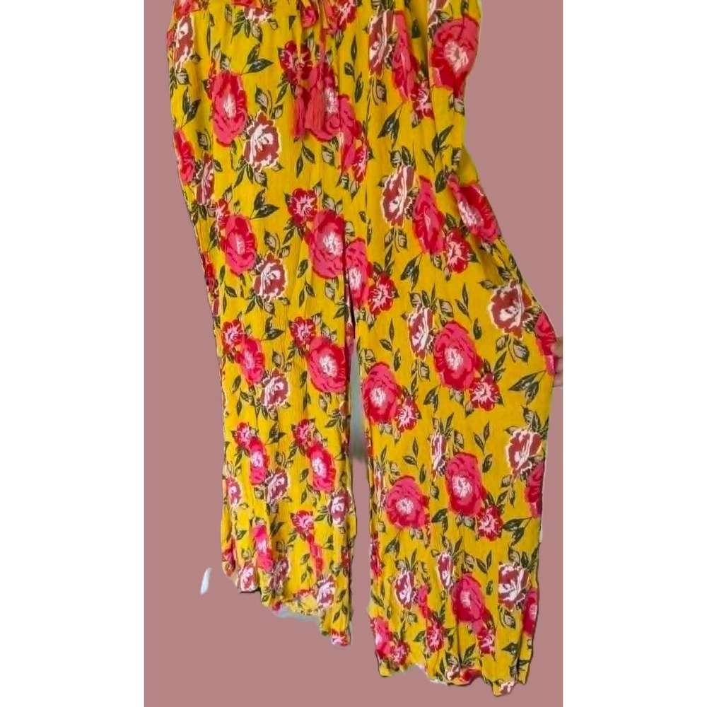 JW Woman Plus Size 2X Palazzo Pants Mustard Yellow Floral Smocked Wide Leg NWT